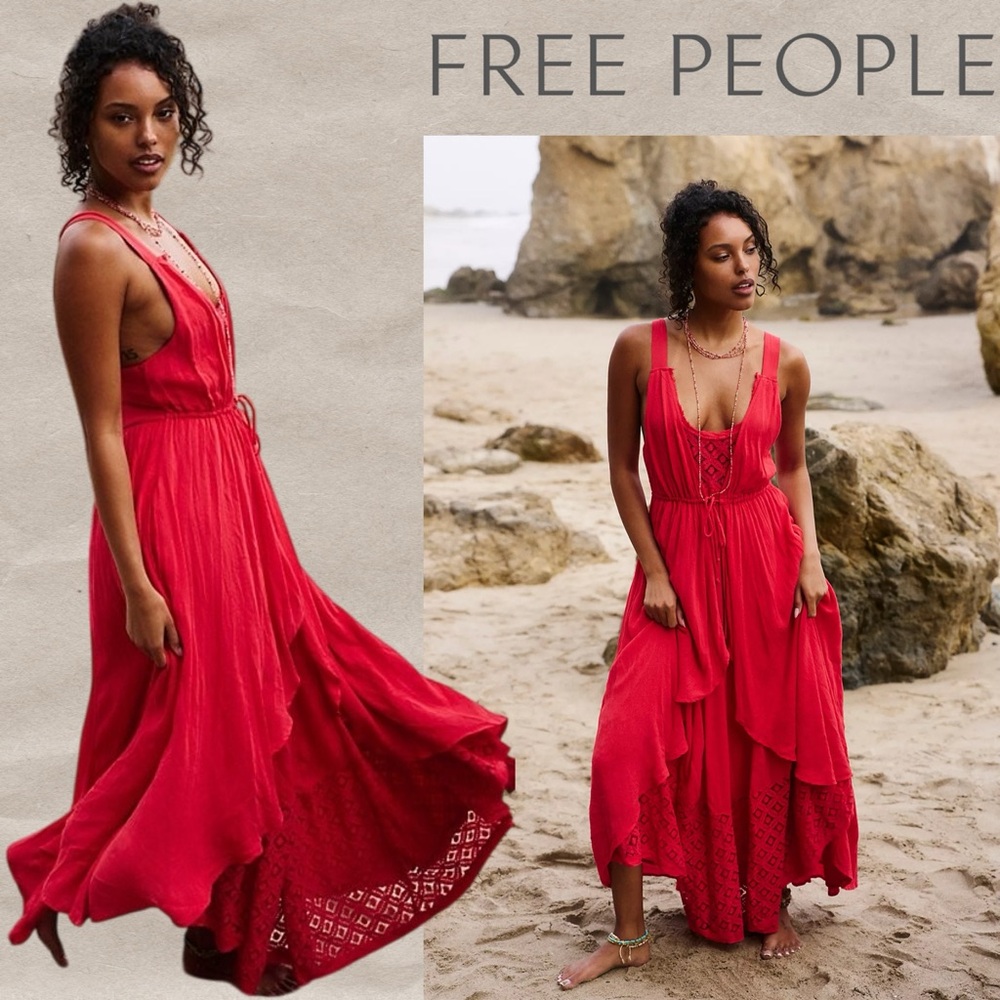 Free People Lost In Sunset Maxi Dress Red Hot Cayenne Lace Panel Linen Backless